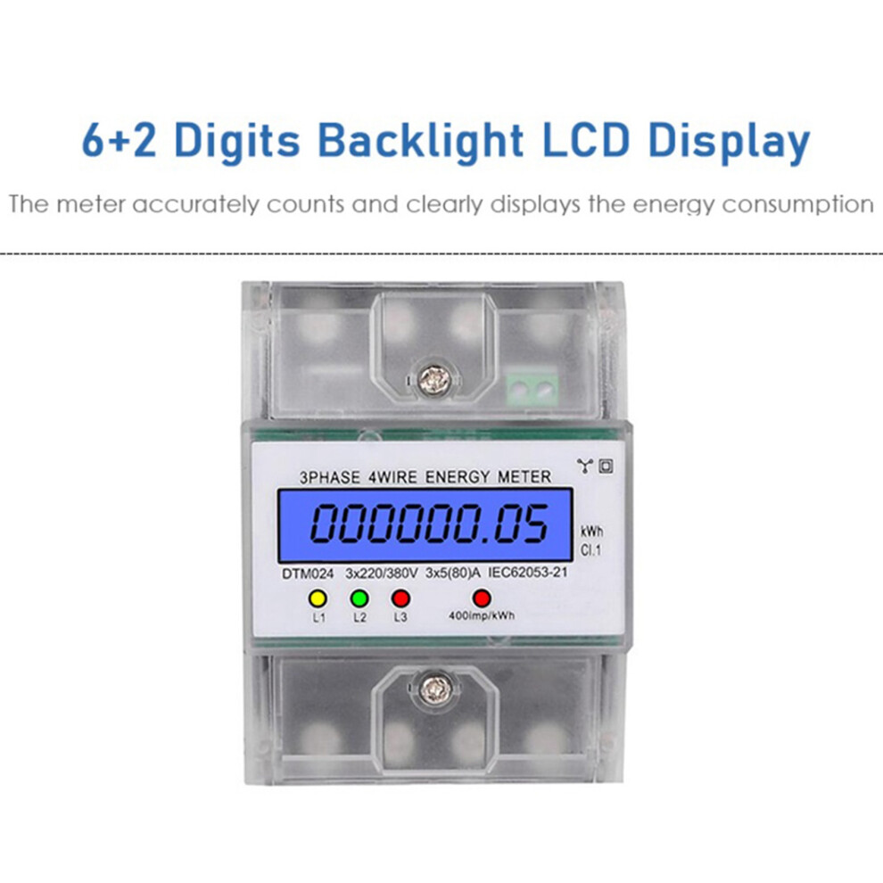 2X 3 Phase 4 Wire Meter 220/380V 5-80A Consumption Kwh Meter Din Rail Installation Digital Power Meter 4712975325069