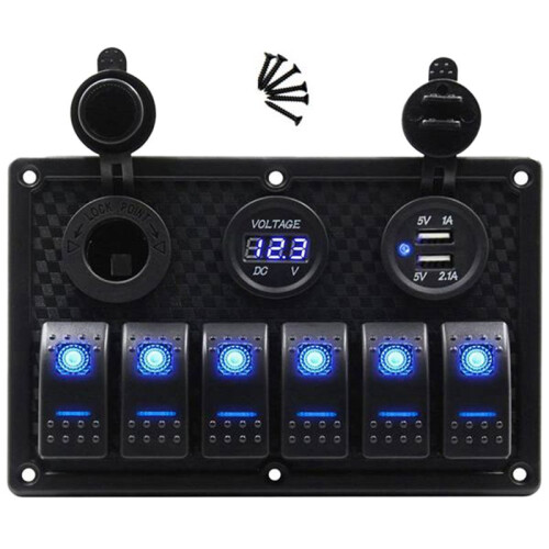 12/24V 6 Buttons  Panel with Digital Voltmeter Tester 3.0 USB Chargers Bule Light Boat Power Adapter