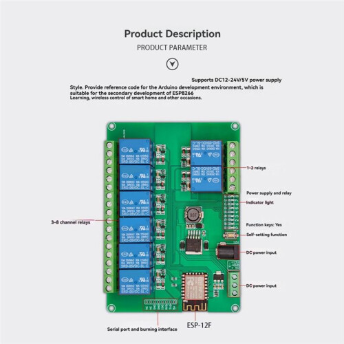 8-CH Relay Module DC12-24/5V Power Supply Onboard ESP-12F WiFi Module for ESP8266 Secondary Development 2