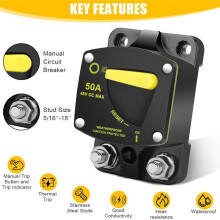 50Amp Circuit Breaker W/Manual Reset 12-48V High Amperage,W/Wire Lugs Copper Washer for Car Audio RV Marine