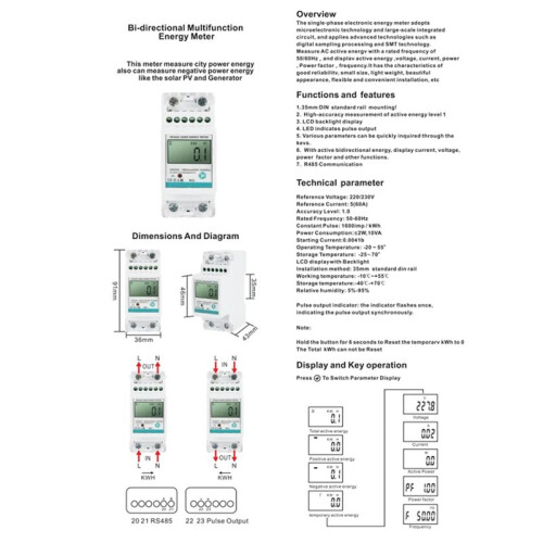 2P DIN-Rail Single-Phase  Meter Multifunction AC220V 5(60)A Voltage Current Power  Meter with RS485 Modbus 2