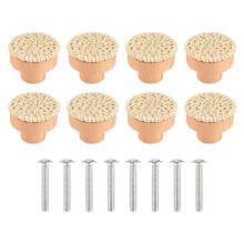 8PCS Boho Rattan Dresser Knobs Wood Drawer Knobs Handmade Woven Wicker Knobs Pull Handle for Cabinet Home Decor