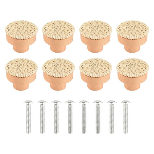 8PCS Boho Rattan Dresser Knobs Wood Drawer Knobs Handmade Woven Wicker Knobs Pull Handle for Cabinet Home Decor