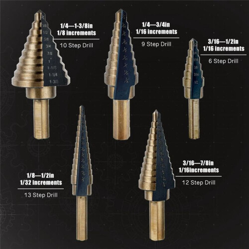 5pcs Step Drill Bits for Metal, Wood, Plastic, 50 Sizes Tri-Flat Shank HSS Titanium Step Drill Bit Set with Center Punch 1