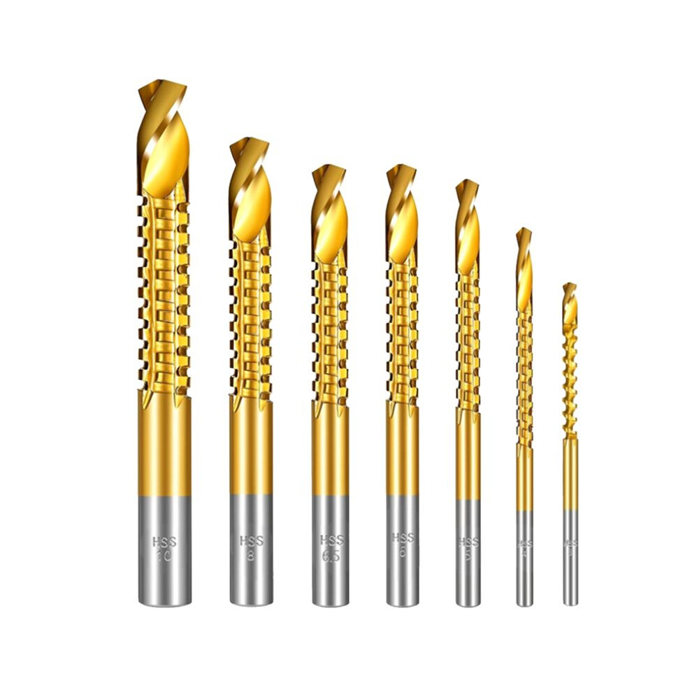 7Pcs Titanium Coated Hss Twist Drill Bits, 3-10Mm Serrated Side Cutting Drill Bit, Hex Shank Serrated Cutting Drill Bits 6032318616271