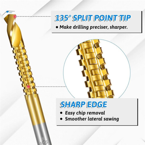 7PCS Titanium Coated HSS Twist Drill Bits, 3-10mm Serrated Side Cutting Drill Bit, Hex Shank Serrated Cutting Drill Bits 1