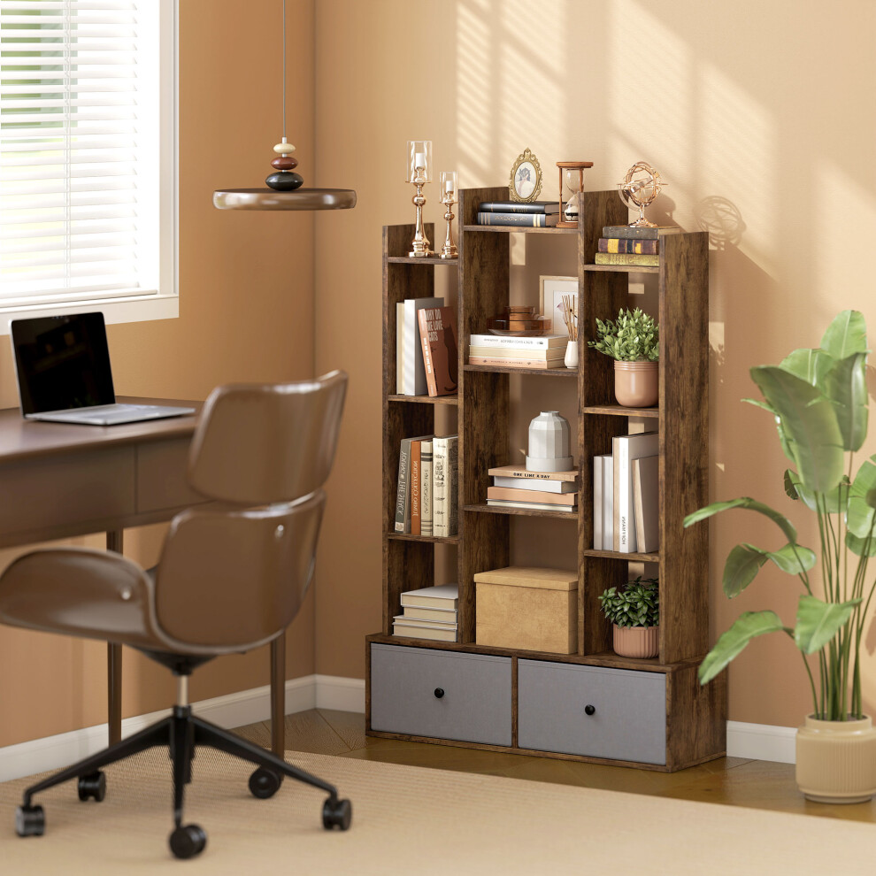 Homcom 12-Tier Bookshelf, Bookcase W/ 2 Folding Drawer, Rustic Brown