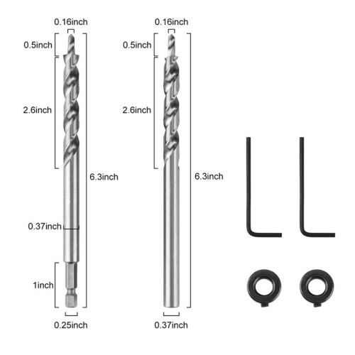 2 set 3/8 Inch Pocket Hole Drill Bit with Depth Stop Collar 1/4 Hex Shank Replacement Twist Step Drills 1