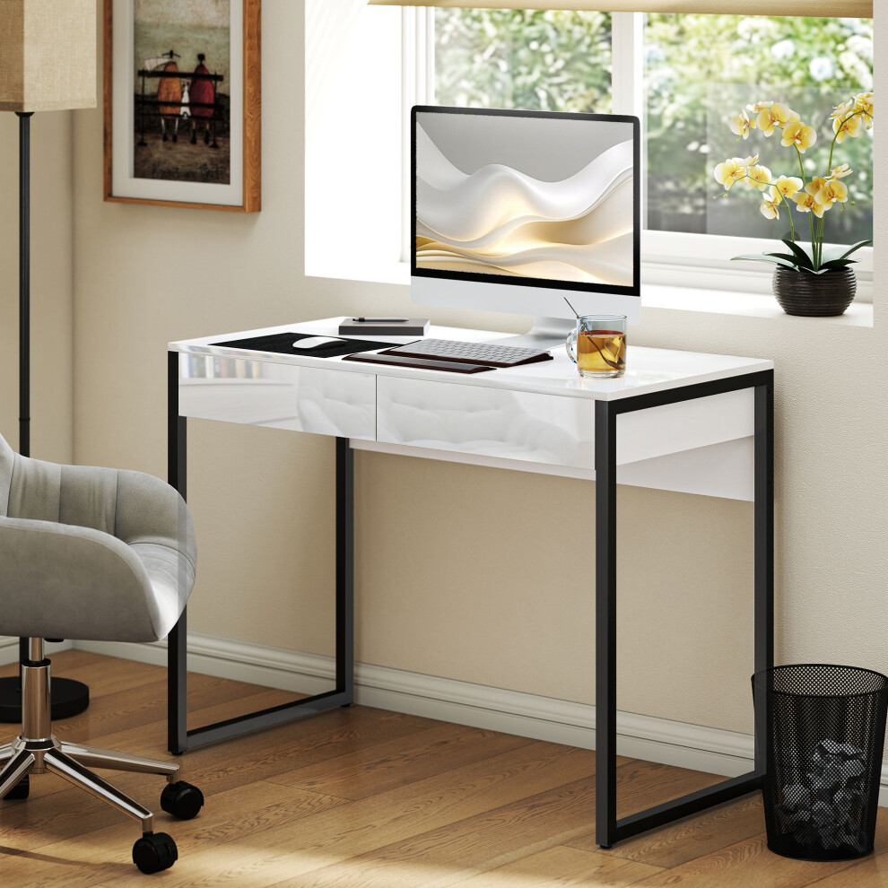 Homcom Unisex White Modern Home Office Desk With High Gloss Drawers Finish Black Size 2 - Image 4