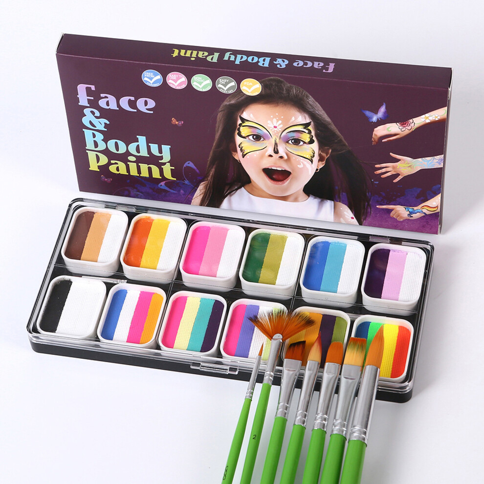 Watercolor Face & Body Paint Set with 12 Colors, 8 Brushes, 10 Stencils, Non-Toxic