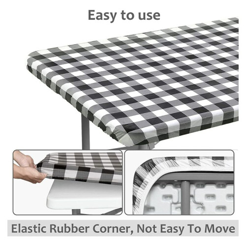 3 Pcs Fitted Tablecloth for Table,Stretch Waterproof Elastic Vinyl Picnic Table Cover with Flannel Backed Lining(Black) 2