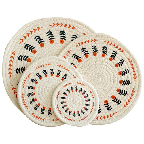 4Pcs Thicken Round Cotton Woven Insulation Pad Table Mat Printed Placemat Cup Coaster,Flower