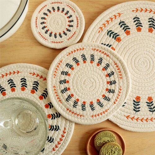 4Pcs Thicken Round Cotton Woven Insulation Pad Table Mat Printed Placemat Cup Coaster,Flower 2