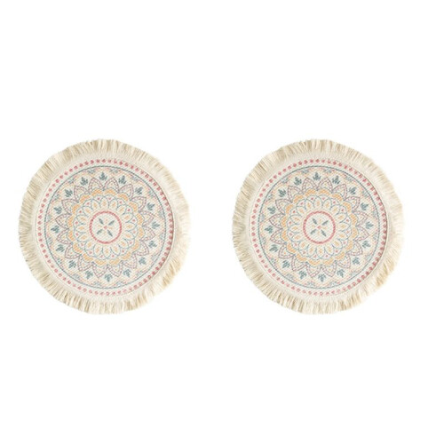 2Pcs Printed Place Mat Bohemian Tassel Printed Coaster for Home Insulation Circular Shape Dinner Table Layout Props, C