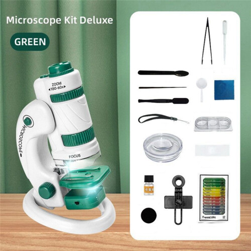 Kids Science Microscope Kit 60-180X Educational  Pocket Handheld  Phone Microscope with LED Light White+Green 1