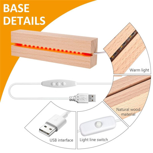 LED Wooden Socket, LED Light Base, USB Wooden Base, LED Lights Socket, Rectangular Illuminated for Acrylic Glass 4pcs 1