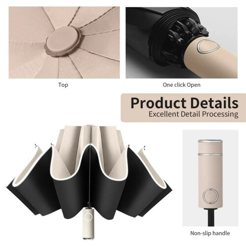 Fully Automatic Reverse Folding Umbrella with Windproof Reflective Stripe UV Umbrellas for Carabiner Handle Travel,D 2