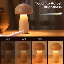 Luce Notturna Creativa A Forma di Fungo In Legno, Lampada da Comodino con Dimmerazione Continua, 3 Luci Notturne Ricaricabili per Dormire