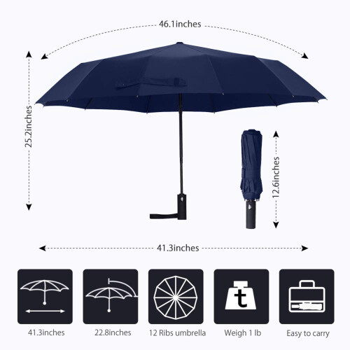 2X 12 Ribs Windproof Travel Umbrella with PTFE Canopy, Lengthened Handle with Auto Open Close Button,() 2