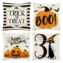 Pillow Covers 18x18 Inch Set of 4 Trick or Treat Pillow Covers Halloween Linen Sofa Bed Throw Cushion Cover Decoration