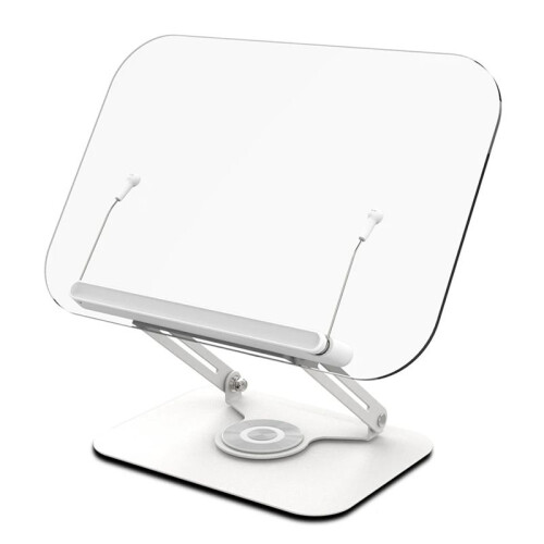 360 Rotating Desktop Book Stand with Transparent Panel Page Clips Foldable and Angle Adjustable Holder for Book Holder