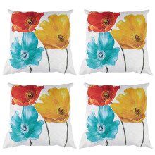 4X Flachs Quadrat Dekorative Dekokissen HüLe Kissenbezug Bezaubernde SchöNe Tricolor Rot Gelb Blau Mohn Blumen 45 x 45cm