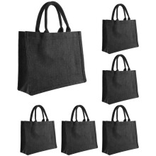 6PCS Black Burlap Tote, Jute Tote Bags with Handles & Laminated Interior, Wedding Bridesmaid Gift Bags, Blank Bags