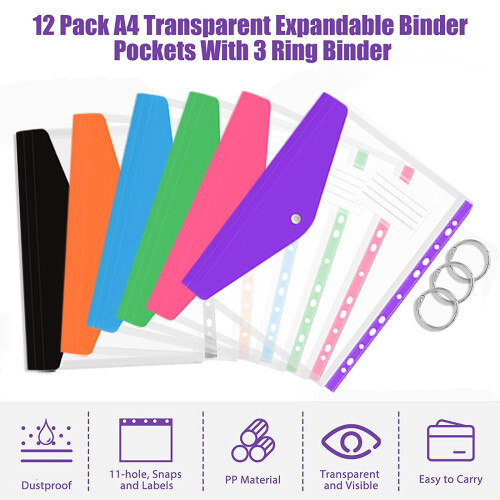 12 Pcs A4 Binder Pocket Expandable Envelopes Clear Plastic Envelopes for Ring Binder Folder, Snap Button 1