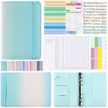 A6 Gradient Macaron Binder Hand Ledger Notebook Cuero PU Libro de Hojas Sueltas Libro de Presupuesto en Efectivo con Bolsa con Cremallera, Verde