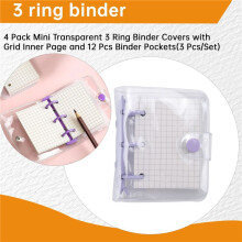 4 Pack Transparent 3 Binder Covers with Grid Inner Page and 12 Pcs Binder Pockets(3 Pcs/Set)