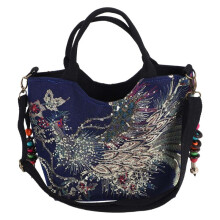 Borsa un Tracolla Shopping nel Tela con Paillettes Ricamate Pavone Lucido Borsa un Spalla Shopping Borsa un Tracolla con Perline Retrò Blu