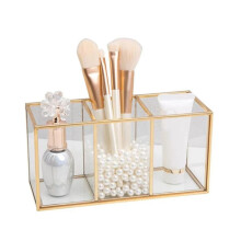 Transparent GlassMakeup Brush Storage Box Gold Cosmetics Container Ring Pencil Lipstick Holder Make Brushes Organizer