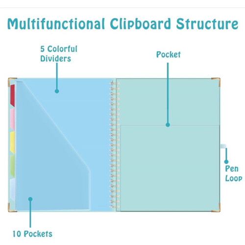 Foldable Spiral Clipboard with Storage Zipper Pouch,5 Plastic Folders with 10 Pockets, Refillable Lined Notepad 1