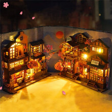 3D Wooden Book Stand Kit, Japanese Tavern Style with LED Light, DIY Miniature Book Nook, Multicolor