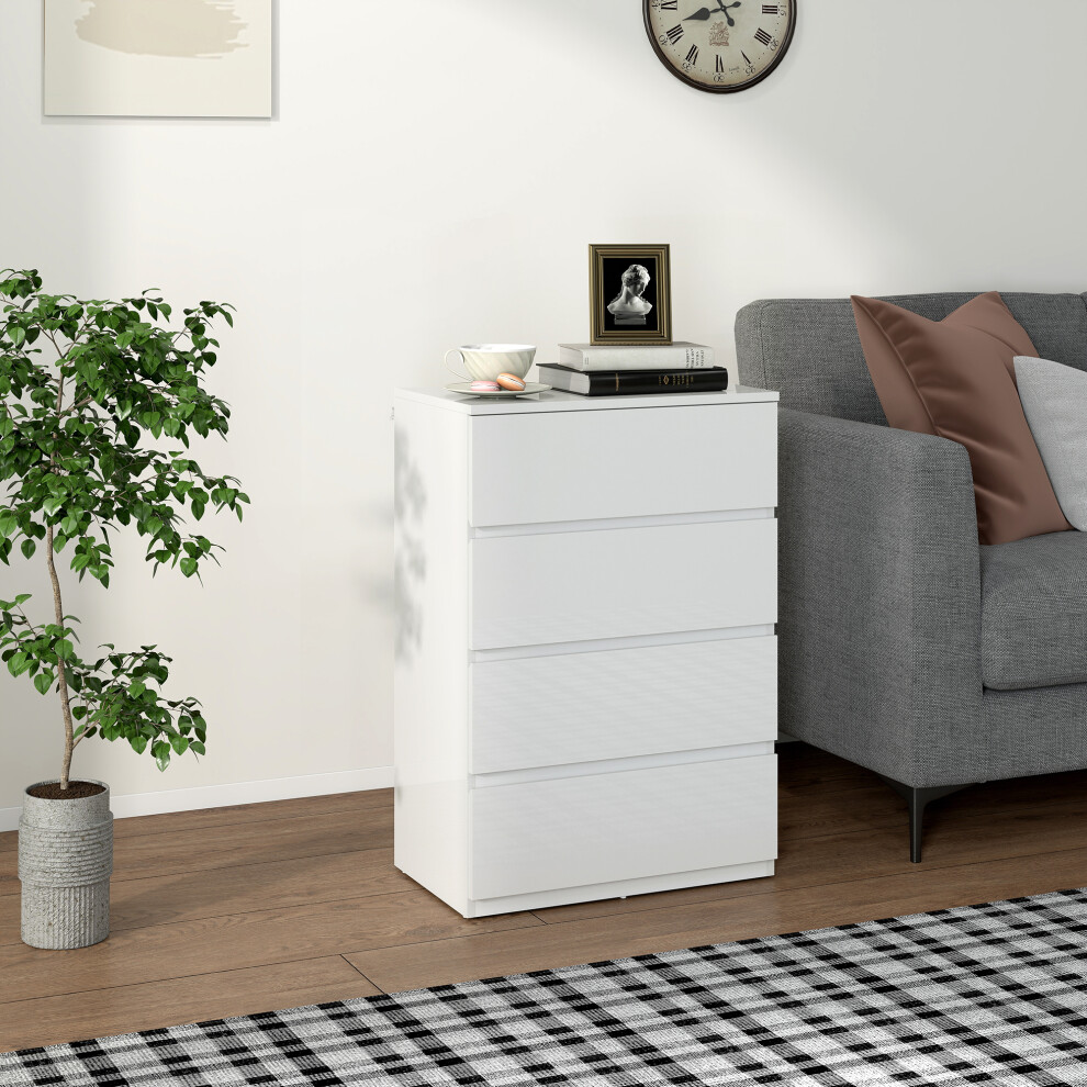 Homcom Bedroom Chest Of Drawers, High Gloss 4 Drawers Dresser, White
