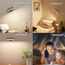 Rechargeable Bedroom Wall Light Dimmable Wood Wall Light Wireless Wall Mounted Light Bedroom with 3 Color Temperatures