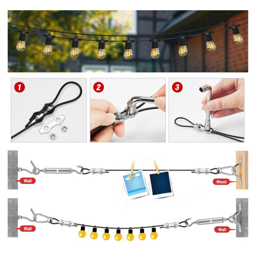 String Light Hanging Kit,Outdoor Light Wire, Light String Hanging Kit,200FT Coated Stainless Steel 304 Cord Cable 2