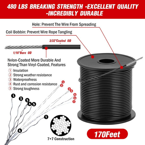 String Light Hanging Kit,Outdoor Light Wire, Light String Hanging Kit,200FT Coated Stainless Steel 304 Cord Cable 1