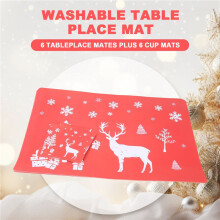 Kerstplacemat Wasbare Tafelplacematsets van 6 Placemats en 6 Bekermatten, Elanden, Kerstboom, Sneeuwvlok Bedrukt (Rood)