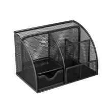 Desktop Organizer, 6 Compartment Pen Holder and Organizer, 1 Drawer, Metal Grid Black Desktop Organizer