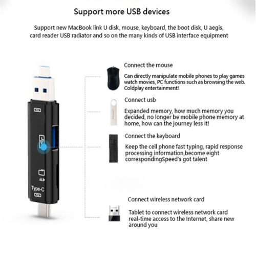 5 in 1 USB 2.0 Type C/USB /Micro-USB/TF/ Memory Card Reader OTG Card Reader Adapter Mobile Phone Accessories,Black 2