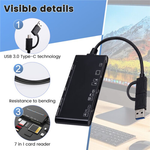 7 in 1 USB 3.0 Type-C Multifunction Card Teader CF/XD/MS//TF Card Reader for Windows Vista/XP/7/8/10/, Linux, Os 1