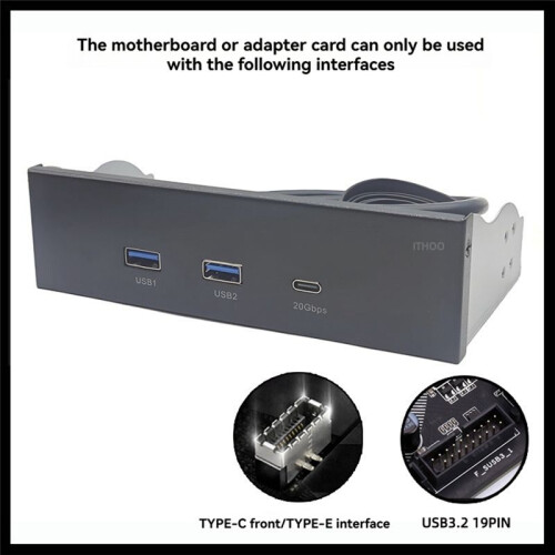 Painel Frontal USB para PC 2 Portas USB 3.2 GEN1 5 Gbps + 1 Porta TIPO C 10 Gbps/20 Gbps Hub para Desktop 5,25 Polegadas Compartimento para Unidade de 2