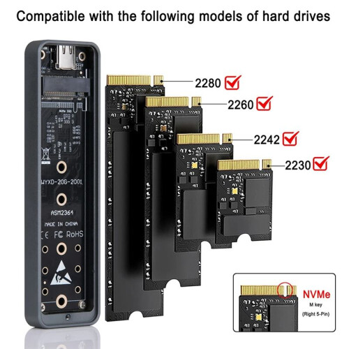 M.2 NVMe SSD-Kapsling Hårddiskbox 20Gbps Hårddiskfodral Type-C USB3.2 GEN2x2 Stöd UASP TRIM för  Windows 2
