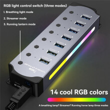 USB 3.0 Hub,7-Port RGB Hub with LED Strip,Dynamic Modes,Switches,Aluminum Case Hub for PC,Laptops EU Plug