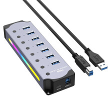 Hub USB 3.0, Hub RGB de 7 Portas com Faixa de LED, Modos Dinâmicos, Interruptores, Hub de Caixa de Alumínio para PC, Laptops Plugue UE