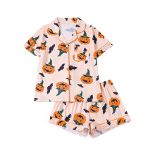 (M, Pink) Women's 2 Piece Halloween Pajamas Short Sleeve Lapel Bat Pumpkin Print Shirt Shorts Sleepwear