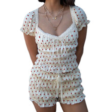 (M, White Red Dot) Women's Summer Pajamas Set Solid/Dot Print Lace Trim Smocked Short Sleeve Tops and Shorts Lounge Wear 2 Pcs Set