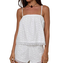 (M, White) Women's Basic Pajama Tops Comfort Floral Embroidery Eyelets Sleeveless Camisole Sleep T-Shirt for Loungewear Sleepwear