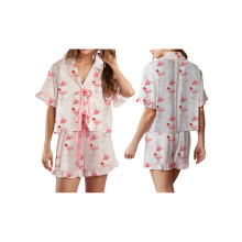 (S, White 3) Women Pajama Shorts Set Goblet Print Tie Front Short Sleeve Tops Elastic Waist Ruffle Shorts 2 Piece Sleepwear Outfit
